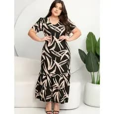 Vestido feminino manga curta decote em V de malha viscolaycra estampado com recortes franzidos na saia