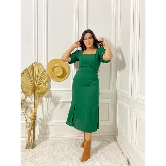 Vestido manga curta mídi  decote princesa moda evangélica look para ir para igreja e dia dia