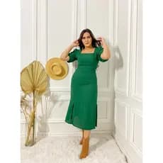 Vestido manga curta mídi  decote princesa moda evangélica look para ir para igreja e dia dia