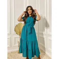 Vestido feminino chemise Três marias manga curta longo mídi com botão em cores preto Pink verde musgo, azul petróleo