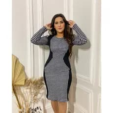 Vestido feminino manga longa tubinho estampado com recorte liso moda evangélica