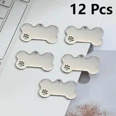 Kit 12 Peças Plaquinhas de Identificação Osso Prata 40x20mm - 50x28mm em Alumínio Anodizado Tag Pet