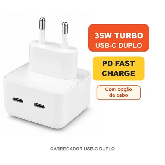 Carregador Turbo 35W USB C Duplo Tipo C PD Carregamento Rápido para iPhone Samsung Xiaomi Android