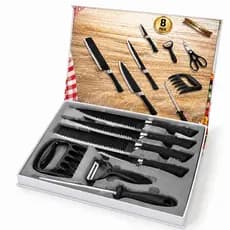 Kit Facas Cozinha 8 Peças Aço Inox Chef Profissional Cutelo Chaira Tesoura Descascador Garra Carne
