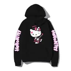 Moletom com Bolso e Capuz Blusa Hello Kitty Rockeira Emo Desenho Anime Blusa de Frio Flanelado