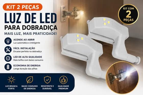 Kit 2 Lâmpadas LED para Dobradiça com Sensor Automático Luz Interna Armário Guarda-Roupa
