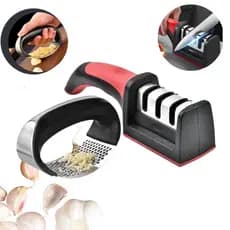 Kit 3 em 1 Espremedor Triturador de Alho + Amolador de Facas Profissional com Cabo