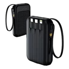 Power Bank Minimen Solar 10000mAh Rápido com USB-C e 4 Cabos Embutidos PRETO