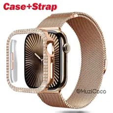 Capa De Diamante + Pulseira Milanesa Para iWatch Band Ultra 2 Smartwatch Relógio Inteligente 11 10 9 8 7 46mm 42mm 45mm