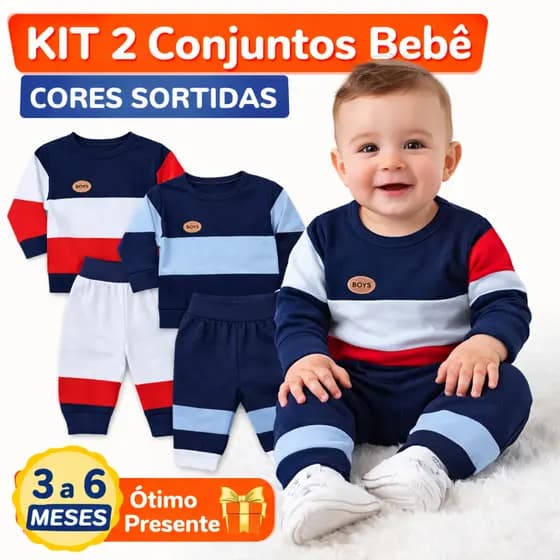 Kit 2 Conjuntos Bebê Masculino Inverno Moletom Roupa Infantil Cores Sortidas 3-6 Meses
