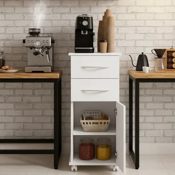 Armário Multiuso Com Gavetas e Porta Branco Com Rodízios