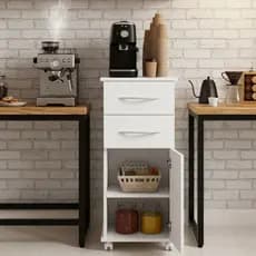 Armário Multiuso Com Gavetas e Porta Branco Com Rodízios