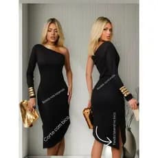Vestido Midi Ombro Só Manga Longa Canelado com Bolsos - Tamanho Único, Fenda Lateral