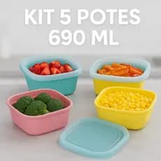 Kit 5 Potes Plásticos Quadrados 690ml | Vedação Segura | Marmita Jaguar Freezer e Micro-ondas