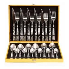 Kit Faqueiro Talheres Em Inox Com Detalhes em Dourado 24 Peças + Maleta Dourada