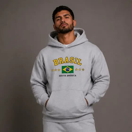 Blusa de Moletom Brasil Masculina Jogguer Bolso Canguru, Capuz, Cores Neutras, Do P ao GG, Pulso Ajustado.