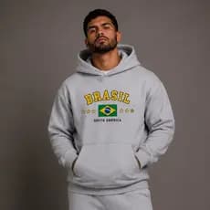 Blusa de Moletom Brasil Masculina Jogguer Bolso Canguru, Capuz, Cores Neutras, Do P ao GG, Pulso Ajustado.