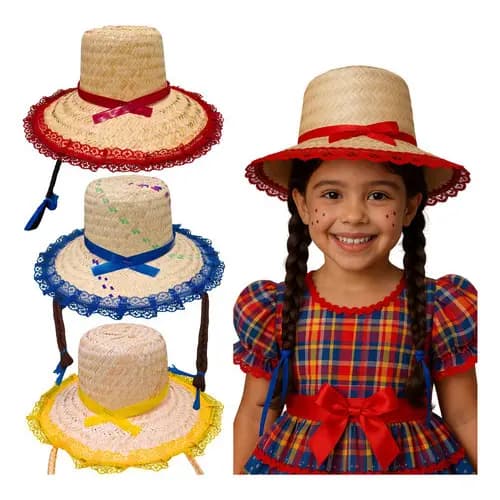 Chapéu De Palha Festa Junina Infantil Menina Trança Festas típicas Julina São João Quadrilhas vestido cabelo trançado