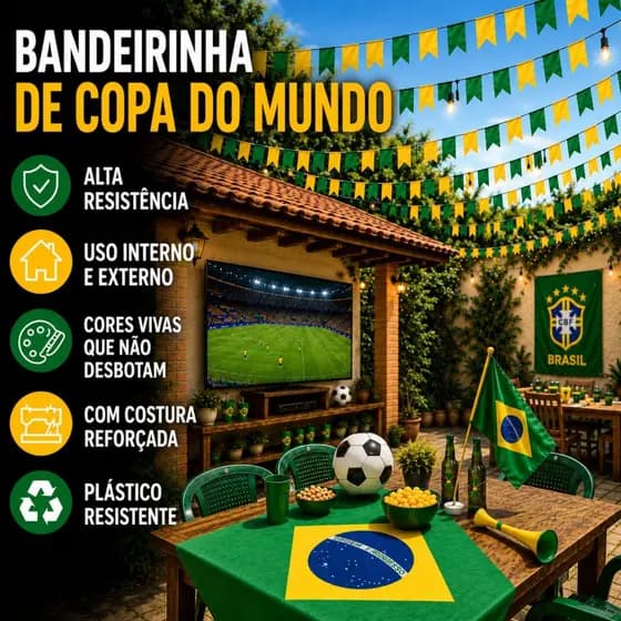 Bandeirinhas decoração plástico Copa Do Mundo Brasil 2026 escolas bares e restaurantes Torcida verde e amarelo