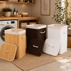 Cesto Roupa Suja Bambu 70L C/ Tampa Organizador Lavanderia Grande Moderno Branco Marrom Natural