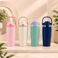 Garrafa Térmica Inox 900ml Com Alca e Canudo Perfeita Para Esportes Academia Viagem e Lazer