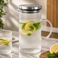 Jarra Vidro Canelado Com Tampa Inox Capacidade 1,4 Litros Design Moderno Água Suco