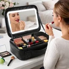 Maleta Necessaire Portátil Organizadora Maquiagem Cosméticos Alça Espelho Led Profissional Preta