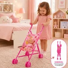 Carrinho de Boneca Bebê Brinquedo Infantil Dobrável Menina Passeio Portátil Leve