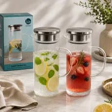 Kit 2 Jarras De Vidro 1,4L Com Tampa Inox Jarra Canelada Moderna Água Suco Chá Acqua