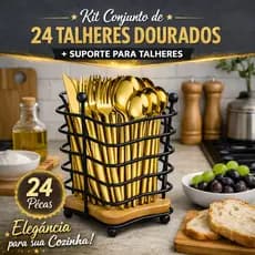 Kit Faqueiro Dourado 24 Peças Aço Inox Luxo + Suporte Talheres Premium Jogo Completo Mesa Posta
