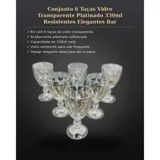Conjunto 6 Taças Vidro Transparente Platinado 330ml Resistentes Elegantes Bar