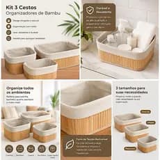 Kit Organizador Bambu 3 Peças Cestos Multiuso Decorativos Ambiente Casa