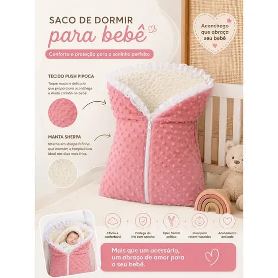 Saco de Dormir Bebê Sherpa Pipoquinha 100% Algodão com Zíper e Babado