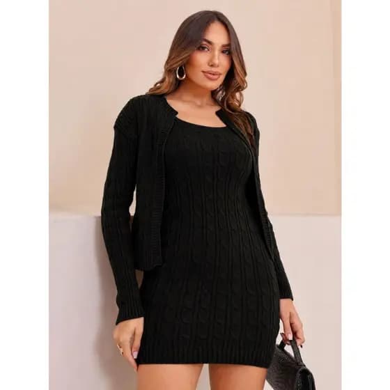 Vestido Com Casaco Conjunto Tricot Modal Feminino Elegante Moda Inverno