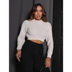 Blusa Cropped Feminina Tricot Manga Longa Gola Alta Moda Inverno