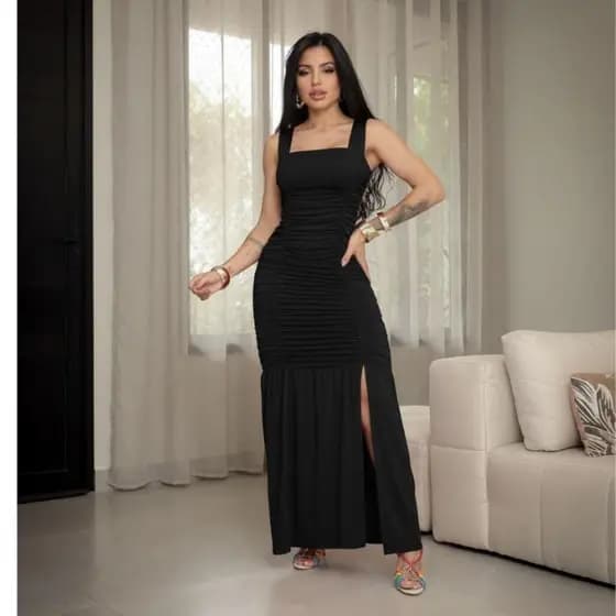 Vestido Longo Drapeado Com Fenda Lateral Justo Franzido Sensual Festa Final De Ano Revellion Natal