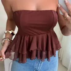 Cropped Tule Babadinho Peplum Tomara Que Caia Com Bojo Oncinha Marrom