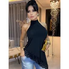 Blusa Feminina Gola Alta Suplex Light com Renda na Barra Assimétrica Casual Chic