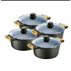 Conjunto de 4 Panela Caçarola de Ferro fundido 2 alças de Madeira c/ Tampa de Vidro