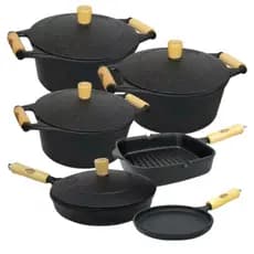 Jogo Conjunto 3 Caçarola 3 Frigideira Alta Tapioca Cook Grill de Ferro Fundido