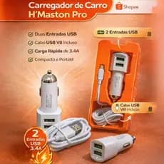Carregador Veicular H’Maston Pro | USB Duplo + Cabo V8 Incluso | Carga Rápida