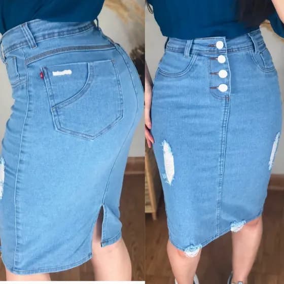 Saia Jeans Moda Evangélica Saia Destroyed  Saia Blogueirinha Saia Com Lycra Saia Jeans Saia Feminina