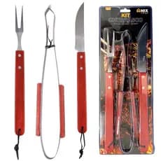 Kit Churrasco 3 Peças Faca Garfo e Pegador Inox Cabo de Madeira Wood Profissional Resistente