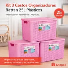Kit 3 Caixas Organizadoras Rattan 28L Plásticas com Tampa Resistente Empilháveis