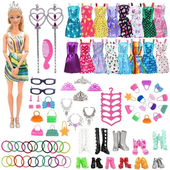 79Pcs/Set Roupas Para Bonecas Acessórios Botas De Mini Bolsas De Vestido Coroa Óculos De Cabide