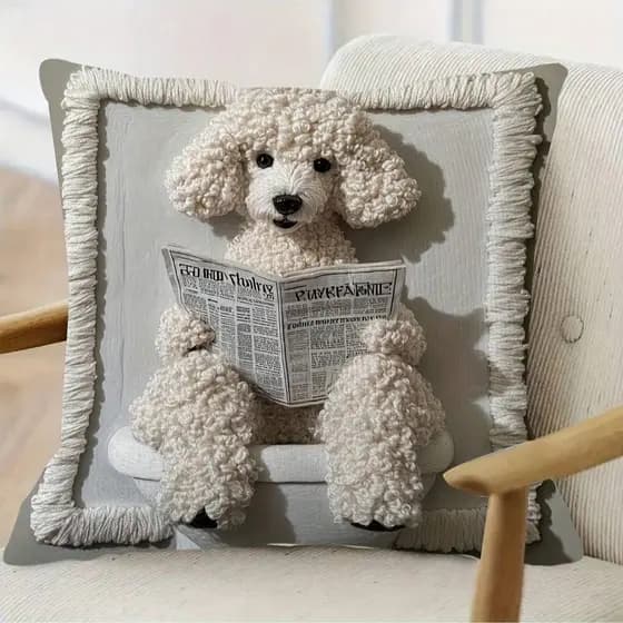 Capa De Almofada De Jornal De Leitura De Poodle Fofo 3D-Fronha Decorativa De Cachorro Engraçado Para Cadeira De Sofá