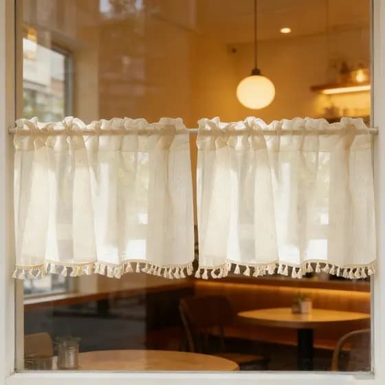 Cortina Curta De Linho Boho De 40 Cm X 200 Com Borlas De Café Semitransparente Para Decoração De Janela De Cozinha