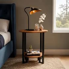 Mesa Apoio Redonda 2 Tampos MDF Pés Metal Preto – Mesa de Apoio Moderna Sala/Quarto