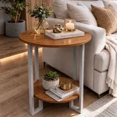 Mesa Apoio Redonda 2 Tampos MDF com Pés de Metal Champanhe – Mesa de Apoio Moderna Sala/Quarto