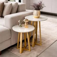 Kit 2 Mesas Lateral Redondas Decorativas Grécia Base Pé Aço Dourado Apoio Sala Moderna Luxo 20x30